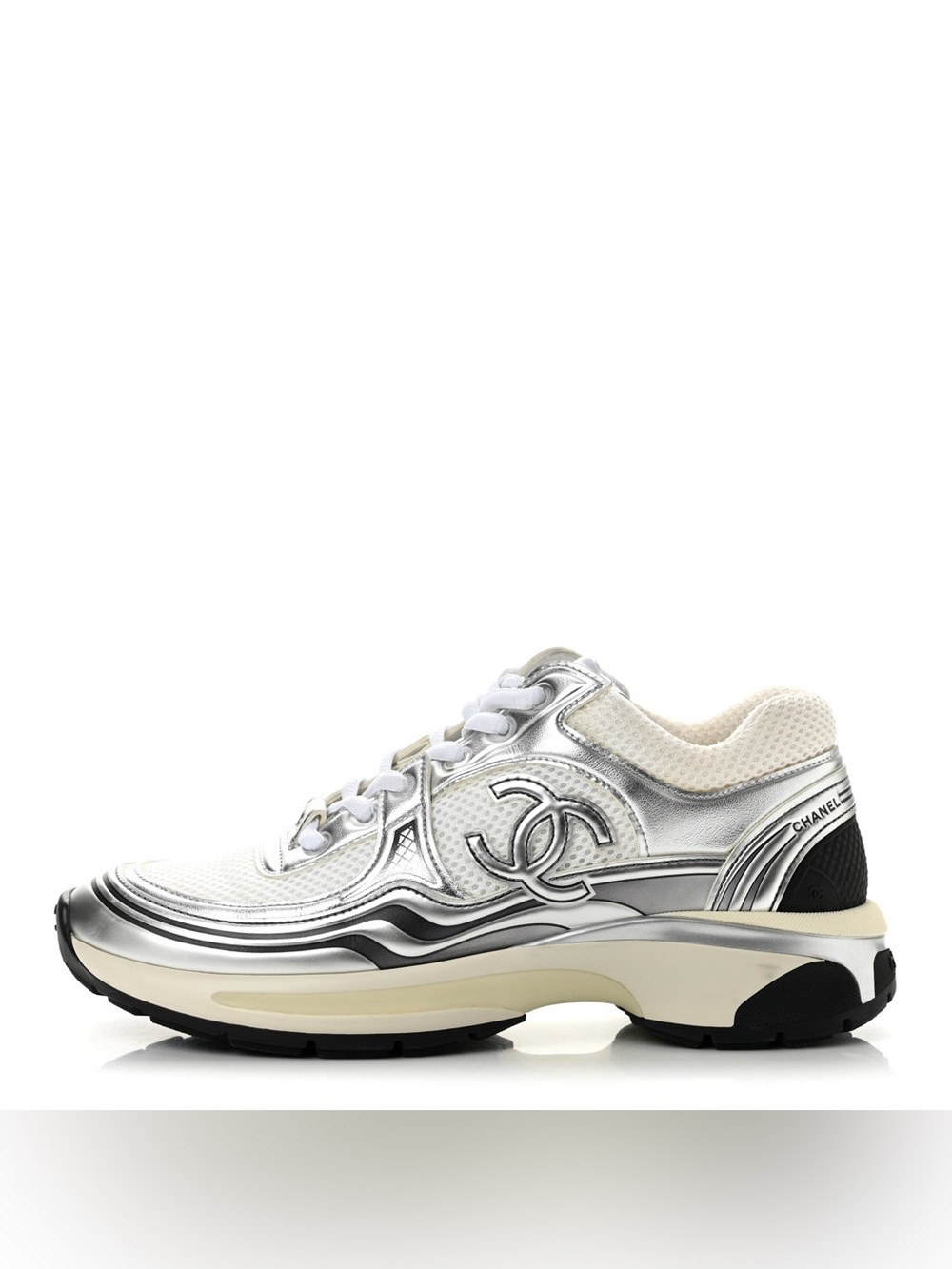 Chanel Fabric & Laminated Calfskin CC Logo Sneakers White/Silver & White